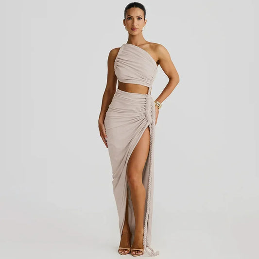 Giorgia Rope Detail Ruched One Shoulder Cutout Stretch Maxi Dress