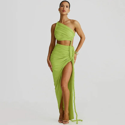 Giorgia Rope Detail Ruched One Shoulder Cutout Stretch Maxi Dress