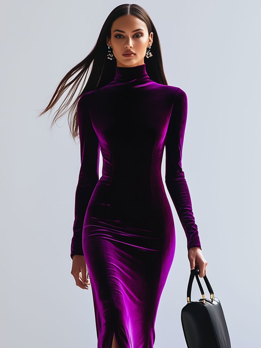 Rossana - Purple velvet high-neck dress with slit