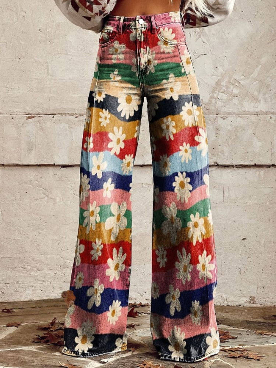 Rosalia Vintage Colourful Striped Floral Printed Wide Leg Pants