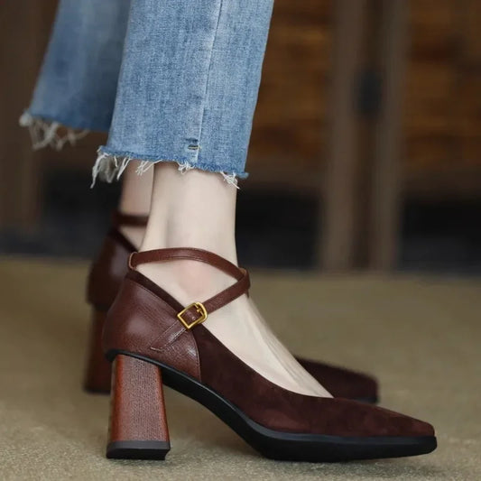 Fabia Spring and Autumn Square Toe Thick Heel Retro Matte Sexy Trendy Cross Buckle Women's Shoes