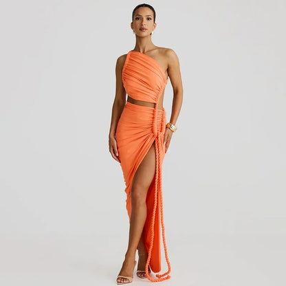 Giorgia Rope Detail Ruched One Shoulder Cutout Stretch Maxi Dress